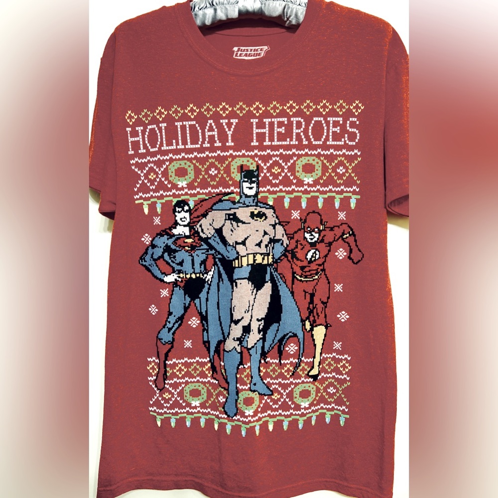Justice League Christmas Holiday T-shirt. Superman, Batman, & The Flash
